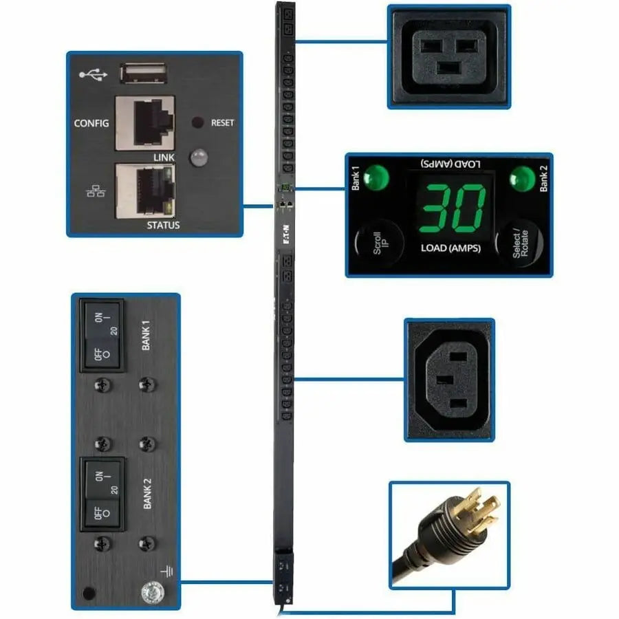 Tripp Lite PDU Monitored 5/5.8kW 208/240V, 20 C13 4 C19, LX Platform Interface, 0URM Rackmount Vertical TAA - Monitored - NEMA L6-30P - 20 x IEC 60320 C13, 4 x IEC 60320 C19 - 230 V AC - 5800 VA - 0U ...  - PDUMNV30HVLX EATON