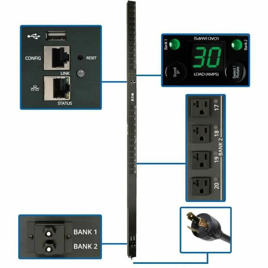EATON Tripp Lite PDU Switched 2.9kW 120V 24 5-15/20R LX Platform Interface 0U TAA - Switched - NEMA L5-30P - 24 x NEMA 5-15/20R - 120 V AC - Network (RJ-45) - 0U - Vertical - Rack Mount - TAA Compliant - PDUMV30NETLX