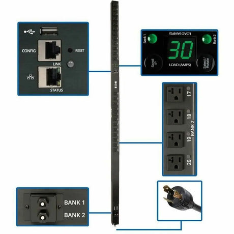 EATON Tripp Lite PDU Switched 2.9kW 120V 24 5-15/20R LX Platform Interface 0U TAA - Switched - NEMA L5-30P - 24 x NEMA 5-15/20R - 120 V AC - Network (RJ-45) - 0U - Vertical - Rack Mount - TAA Compliant - PDUMV30NETLX