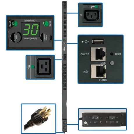 EATON Tripp Lite PDU Switched 208V / 240V 30A 4 C19; 20 C13 LX Platform Vertical 0URM TAA - NEMA L6-30P - 20 x IEC 60320 C13, 4 x IEC 60320 C19 - 230 V - 5.80 kVA - 0U - Vertical Rackmount - TAA Compliant - PDUMVR30HVNETLX