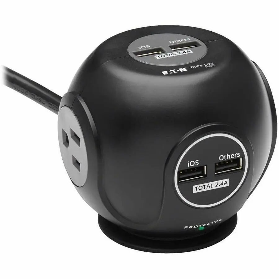 EATON Tripp Lite Safe-IT Spherical Surge Protector 3-Outlets 4 USB Ports 6ft Cord - 3 x NEMA 5-15R, 4 x USB - 1800 VA - 540 J - 120 V AC Input - TLP38UAM
