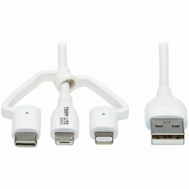 EATON Tripp Lite Safe-IT Universal USB-A to Lightning, USB Micro-B and USB-C Sync/Charge Antibacterial Cable (M/3xM), MFi Certified, White, 4 ft. (1.2 m) - 3.94 ft Lightning/Micro-USB/USB/USB-C Data Transfe...  - M101AB-004-LMCW