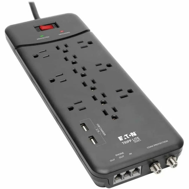 EATON Tripp Lite Surge Protector Power Strip 12 Outlets, 2 USB Charging Ports Tel/Modem/Coax - 12 x NEMA 5-15R, 2 x USB - 1800 VA - 4320 J - 120 V AC Input - Phone/Fax/Modem/DSL, Coaxial Cable Line - TLP128TTUSBB