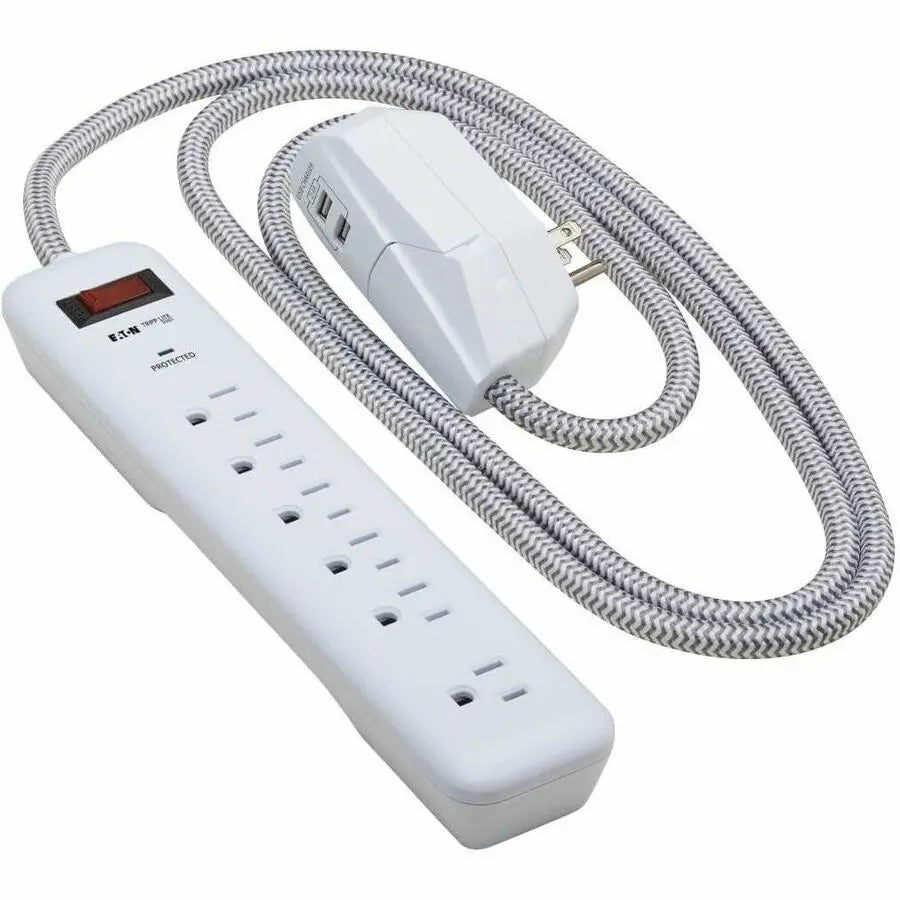 EATON Tripp Lite Surge Protector Power Strip 7-Outlet 2 USB Ports 6ft Cord White - 7 x NEMA 5-15R, 2 x USB - 1800 VA - 900 J - 120 V AC Input - TLP616USB