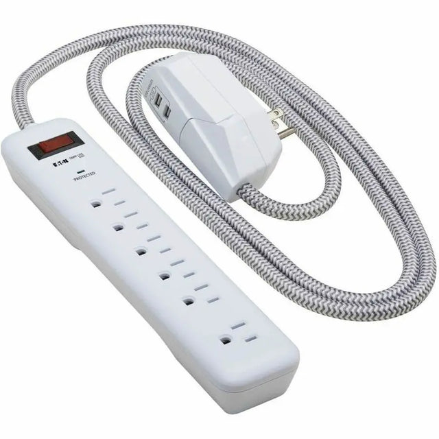 EATON Tripp Lite Surge Protector Power Strip 7-Outlet 2 USB Ports 6ft Cord White - 7 x NEMA 5-15R, 2 x USB - 1800 VA - 900 J - 120 V AC Input - TLP616USB