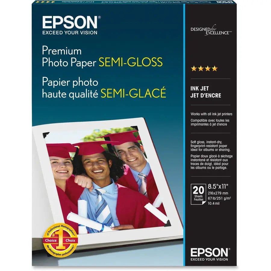 EPSON Epson Inkjet Photo Paper - White - 93 Brightness - 97% Opacity - Letter - 8 1/2" x 11" - 68 lb Basis Weight - Semi-gloss - 20 / Pack