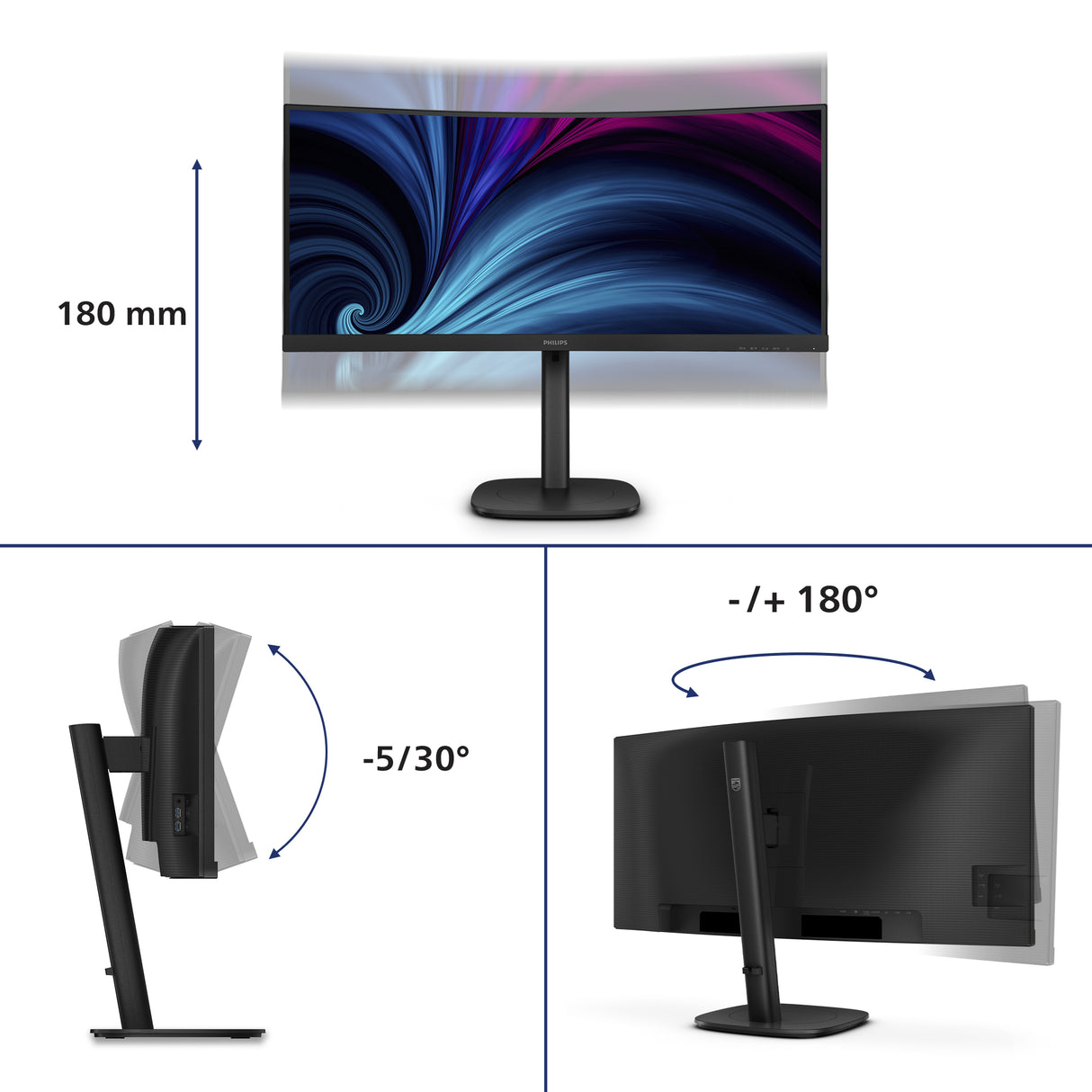 Philips 3000 series 34B2U3600C/27 computer monitor 86.4 cm (34") 3440 x 1440 pixels Wide Quad HD LCD Black - 34B2U3600C