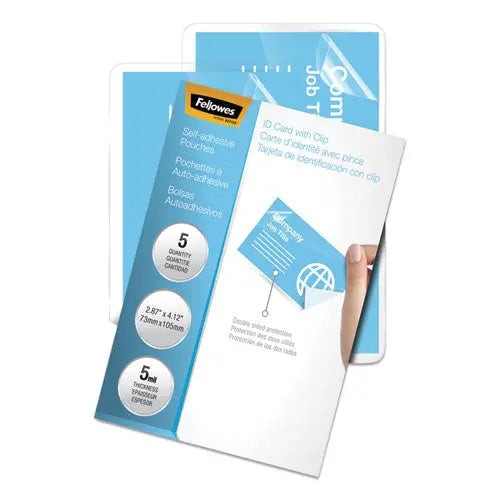 FELLOWES FELLOWES Self-Adhesive Laminating Pouches, 5 mil, 3.88" x 2.38", Gloss Clear, 5/Pack - 5220101