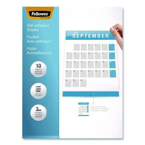 FELLOWES FELLOWES Self-Adhesive Laminating Sheets, 3 mil, 9.25 x 12, Glossy Clear, 10/Pack - 5221501