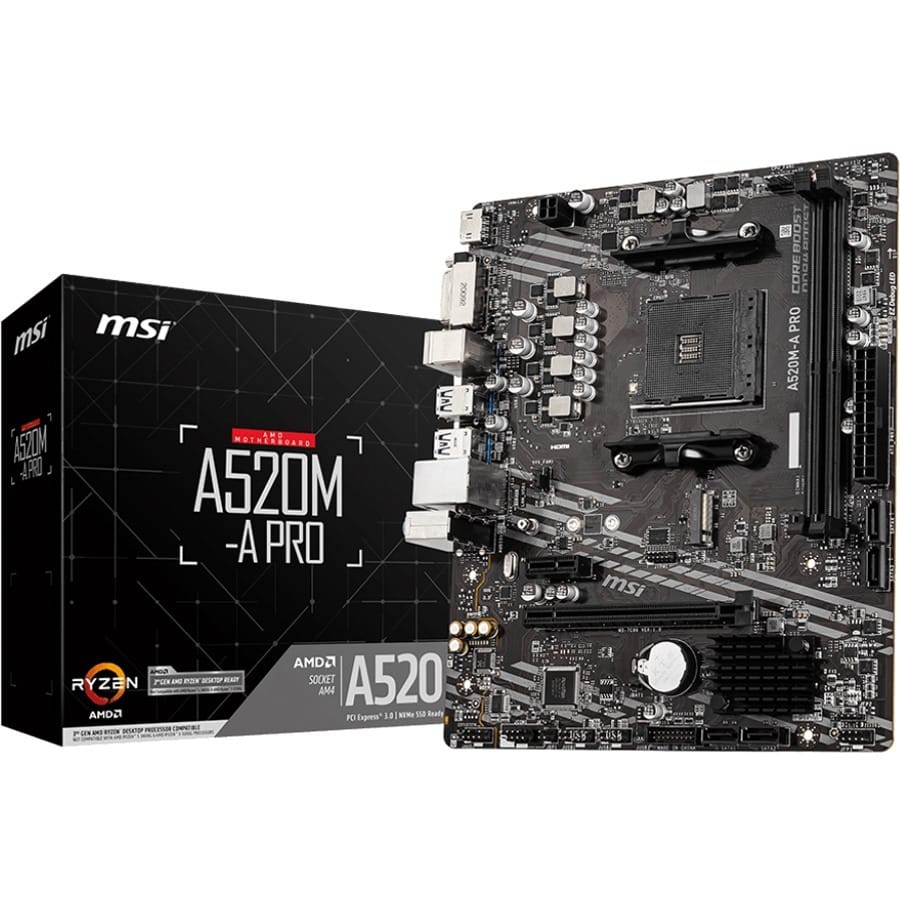 MSI MSI A520M-A PRO Desktop Motherboard - AMD A520 Chipset - Socket AM4 - Micro ATX - 64 GB DDR4 SDRAM Maximum RAM - DIMM, UDIMM - 2 x Memory Slots - Gigabit Ethernet - HDMI - 4 x SATA Interfaces - A520MAPRO