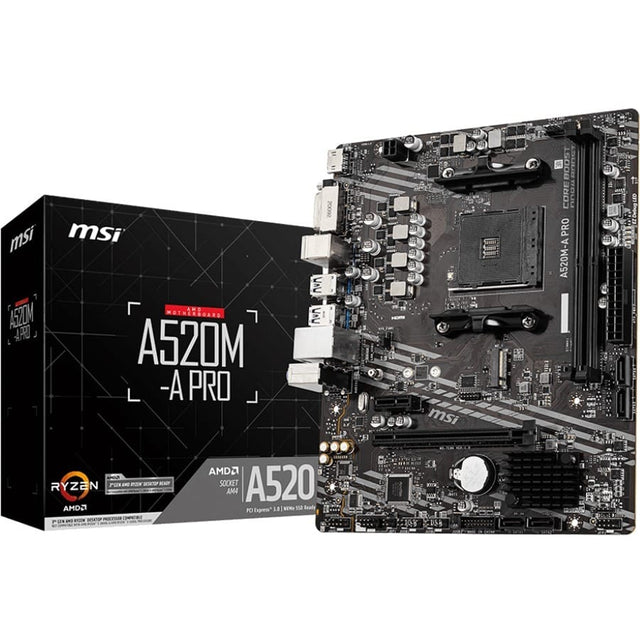 MSI MSI A520M-A PRO Desktop Motherboard - AMD A520 Chipset - Socket AM4 - Micro ATX - 64 GB DDR4 SDRAM Maximum RAM - DIMM, UDIMM - 2 x Memory Slots - Gigabit Ethernet - HDMI - 4 x SATA Interfaces - A520MAPRO