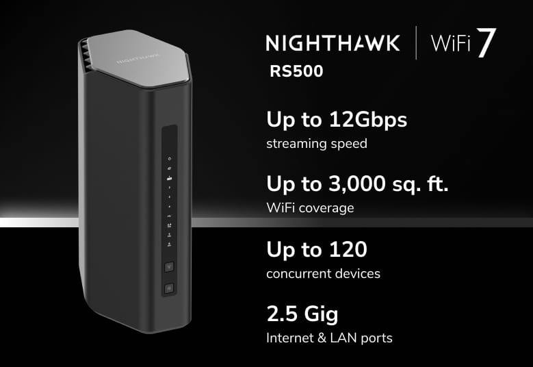 NETGEAR Bridge / Router NETGEAR Nighthawk RS500 wireless router Gigabit Ethernet Tri-band (2.4 GHz / 5 GHz / 6 GHz) Black - RS500-100NAS