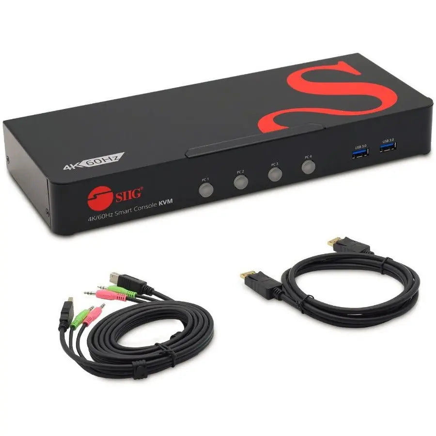 SIIG 4 Port 4K 60HZ DisplayPort 1.2 KVM Switch with USB 3.0 and Multi-Media ports - DP KVM Switch - TAA Compliant - CE-DP0G11-S1