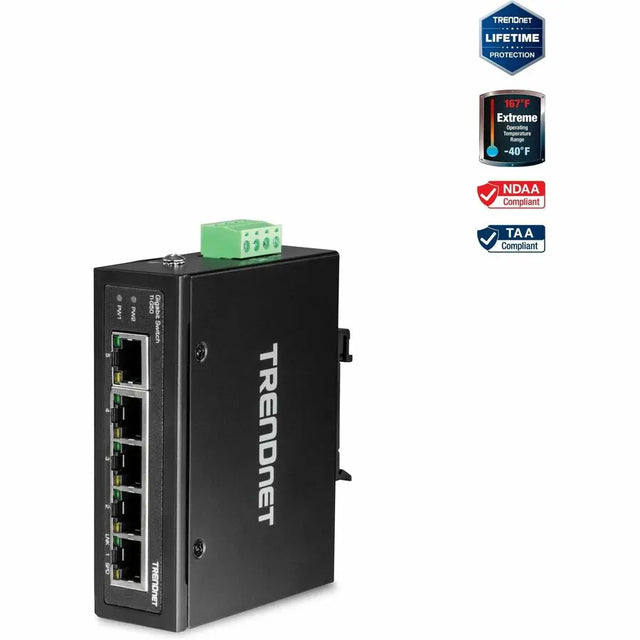TRENDNET TRENDnet 5-Port Hardened Industrial Gigabit DIN-Rail Switch, 10 Gbps Switching Capacity, IP30 Rated Network Switch (-40 to 167 ?F), DIN-Rail & Wall Mounts Included, Lifetime Protection, Black, TI-G50 ...  - TI-G50