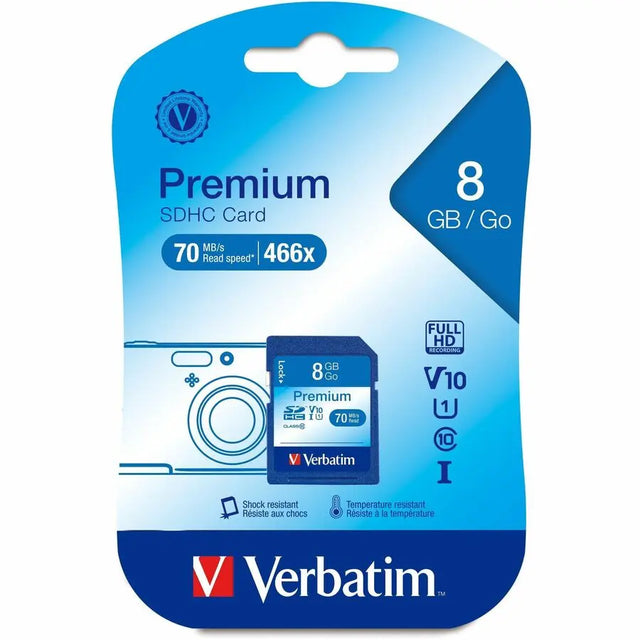 VERBATIM Verbatim 8GB Premium SDHC Memory Card, UHS-I Class 10 - Class 10 - 1 Card/1 Pack - 133x Memory Speed - 96318