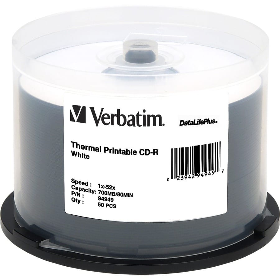 VERBATIM Verbatim CD-R 700MB 52X DataLifePlus White Thermal Printable - 50pk Spindle - Printable - Thermal Printable - 94949