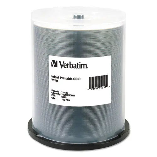 VERBATIM VERBATIM CD-R Printable Recordable Disc, 700 MB/80 Minute, 52x, Spindle, White, 100/Pack - 95251