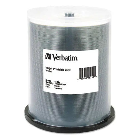 VERBATIM VERBATIM CD-R Printable Recordable Disc, 700 MB/80 Minute, 52x, Spindle, White, 100/Pack - 95251
