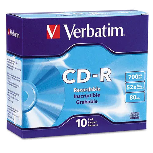 VERBATIM VERBATIM CD-R Recordable Disc, 700 MB/80 min, 52x, Slim Jewel Case, Silver, 10/Pack - 94935