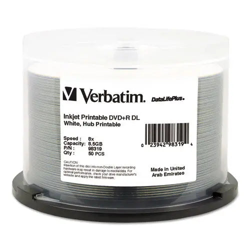 VERBATIM VERBATIM DVD+R Dual Layer Printable Recordable Disc, 8.5 GB, 8x, Spindle, White, 50/Pack - 98319